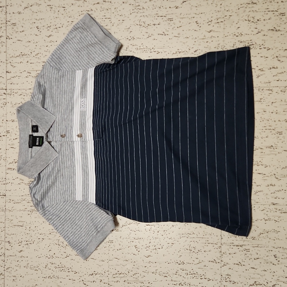 Hugo Boss 1/4 Button Down Embroidered Logo Stripe Casual Polo Shirt